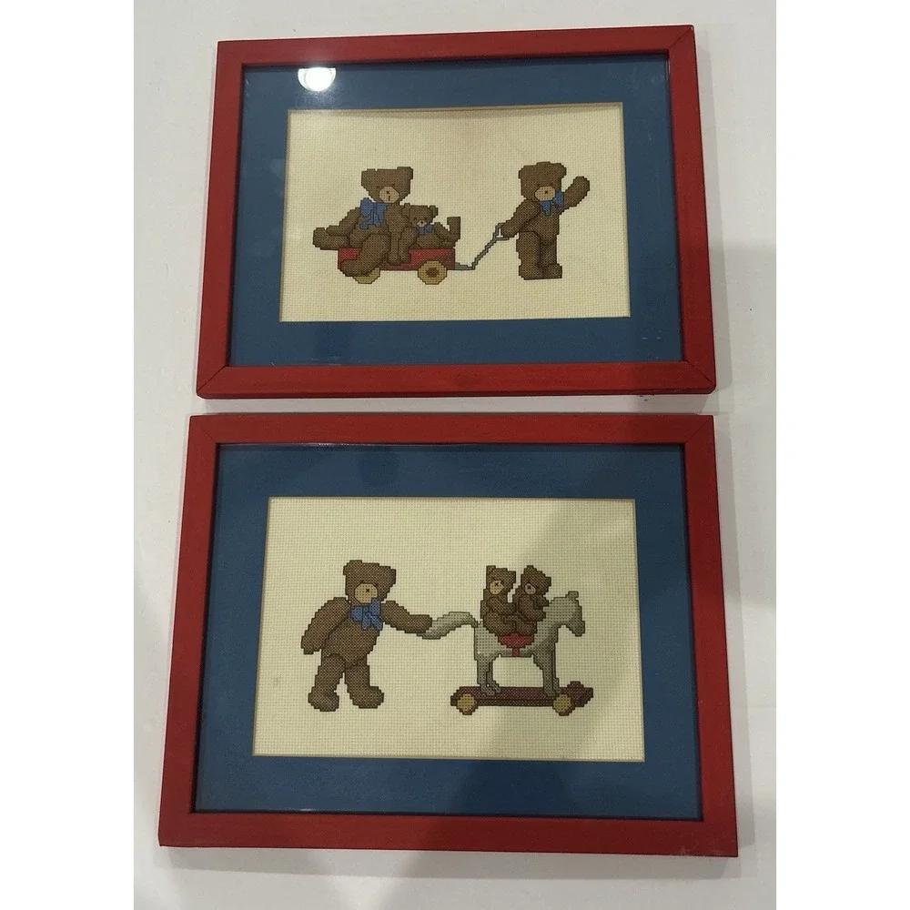 Vintage Set Of Teddy Bear Nursery Wall Art Decor Needlepoint Cross Stitch Framed